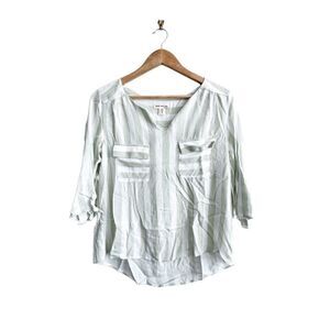 Faith and Joy Stripes Top Green White 3/4 Sleeves Chest Pockets Women's S Rayon